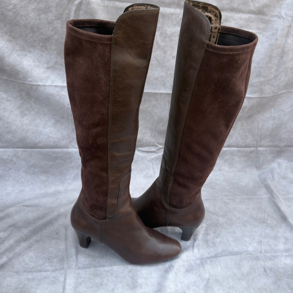 Cole Haan Tall Boots Size‎ 5.5B Brown Leather Suede Mixed Media Stacked Heel